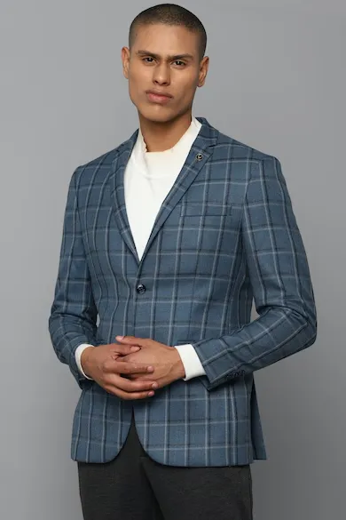 Men Blue Slim Fit Check Formal Blazer